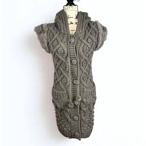 Sweet by Miss Me Gray Cable Knit Hooded Long Sweater Vest Faux Fur Trim Small